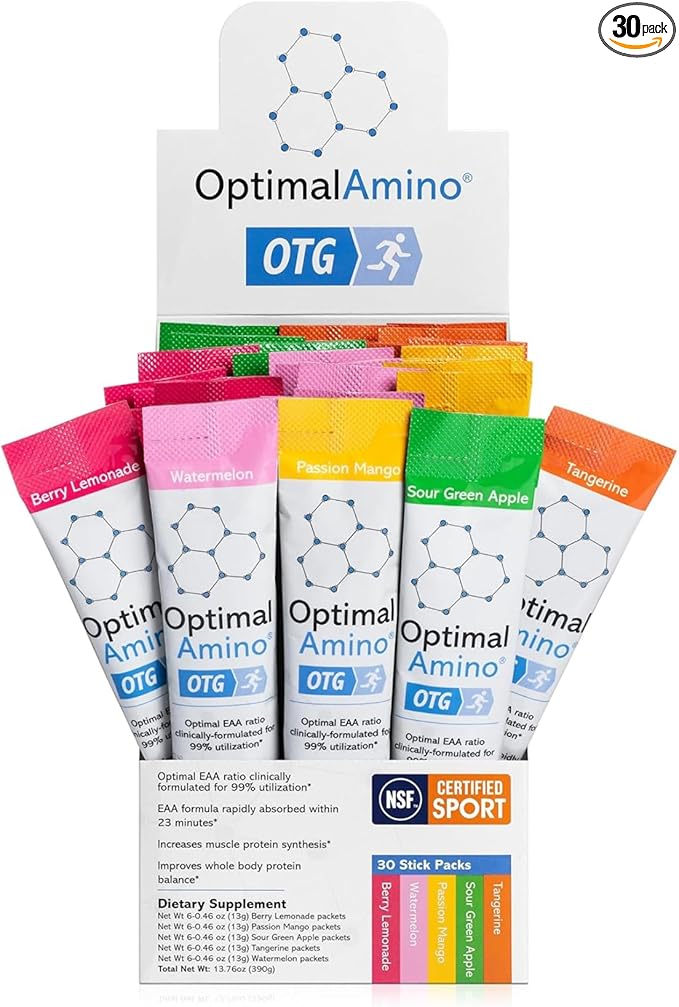 OptimalAmino OTG Stick Packs, 5 Flavor Variety Box (30 Count), 99% Utilized Essential Amino Acid (EAA) Supplement, Increase Muscle Recovery, Vegan/Keto Pre/Post Workout, NSF Certified for Sport