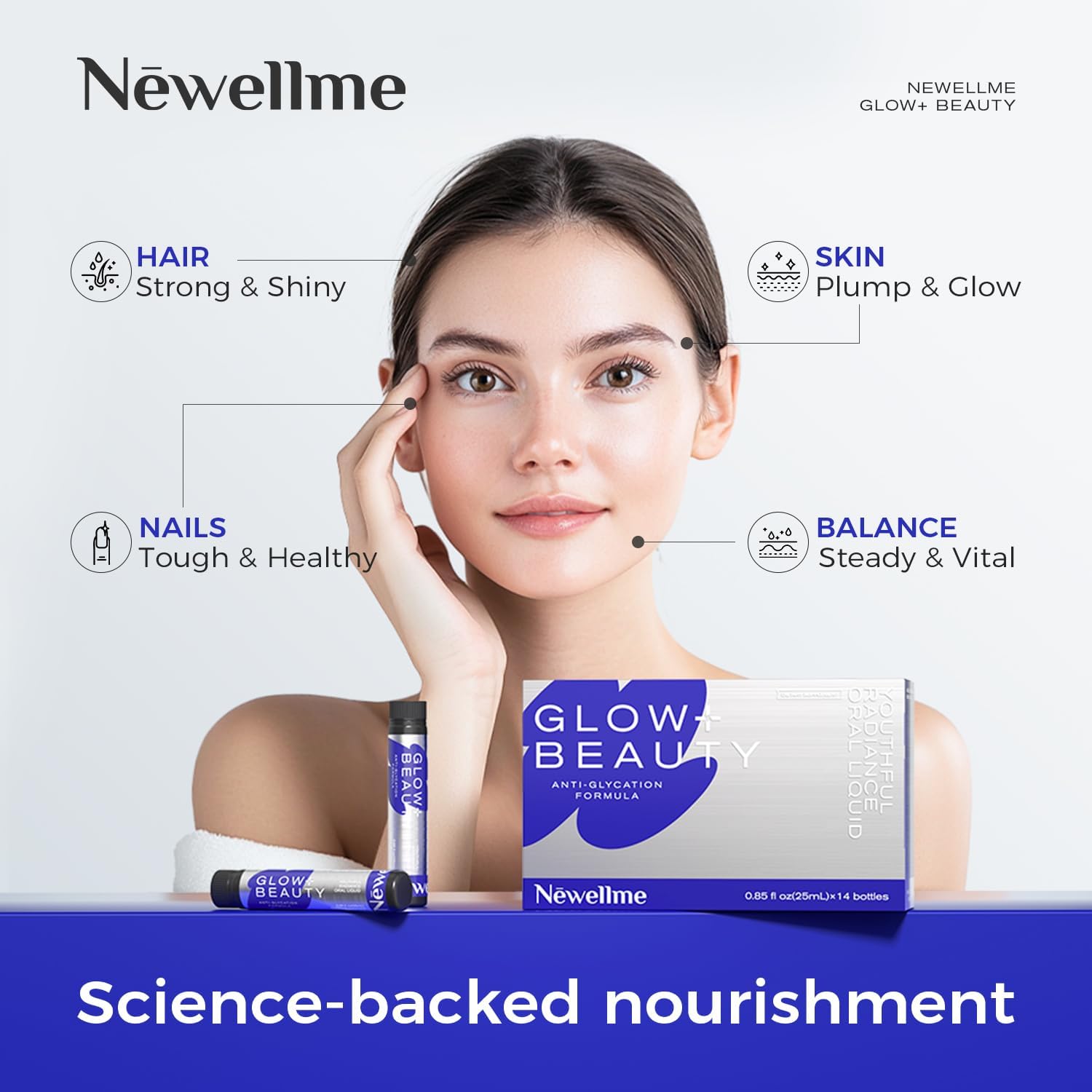NEWELLME Glow+Beauty Collagen Drink – Liquid Beauty Supplement with Hyaluronic Acid & Antioxidant Complex, Supports Skin Hydration, Hair & Nail Strength, 14 Bottles