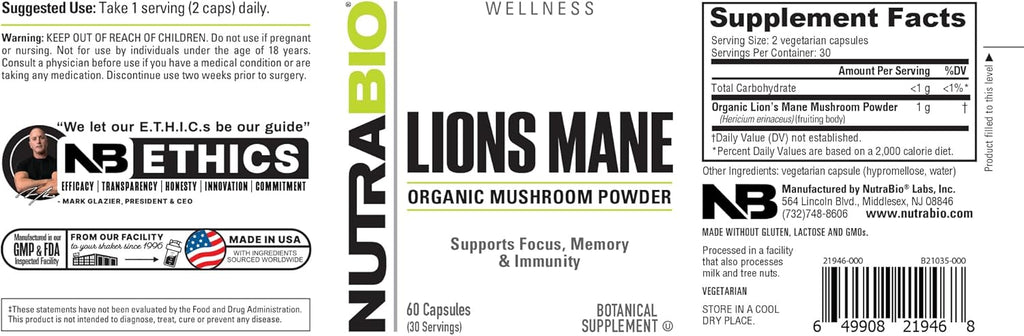 NutraBio Lions Mane Supplement Capsules- Organic Lion's Mane Mushroom Powder (500mg)- Focus, Memory, Immunity - 60 Vegetable Capsules