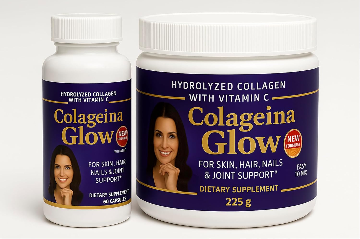 Colageina Glow Hydrolyzed Collagen with Vitamin C – 225g Powder + 60 Capsules | for Skin, Hair, Nails & Joint Support | Easy to Mix, Dietary Supplement (New Formula) Pack 2