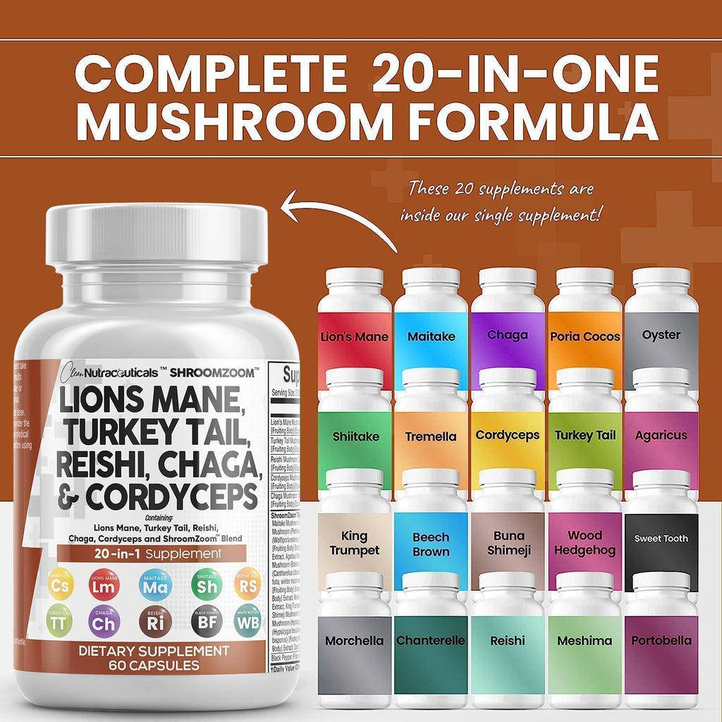 Clean Nutraceuticals Lions Mane 20in1 Mushroom Supplement with Turkey Tail Reishi Cordyceps Chaga Maitake Meshima Poria Cocos Shiitake Oyster Porcini Enoki (5)