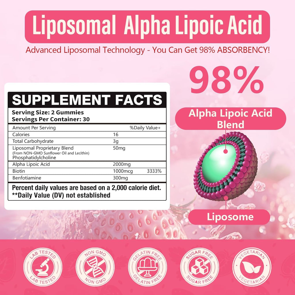 Liposomal Alpha Lipoic Acid Gummies 2000mg Gummies,High Potency ALA Complex Biotin & Benfotiamine for Antioxidant, Brain Health and Nerve* Support,Liposomal Enhance 98% Absorption