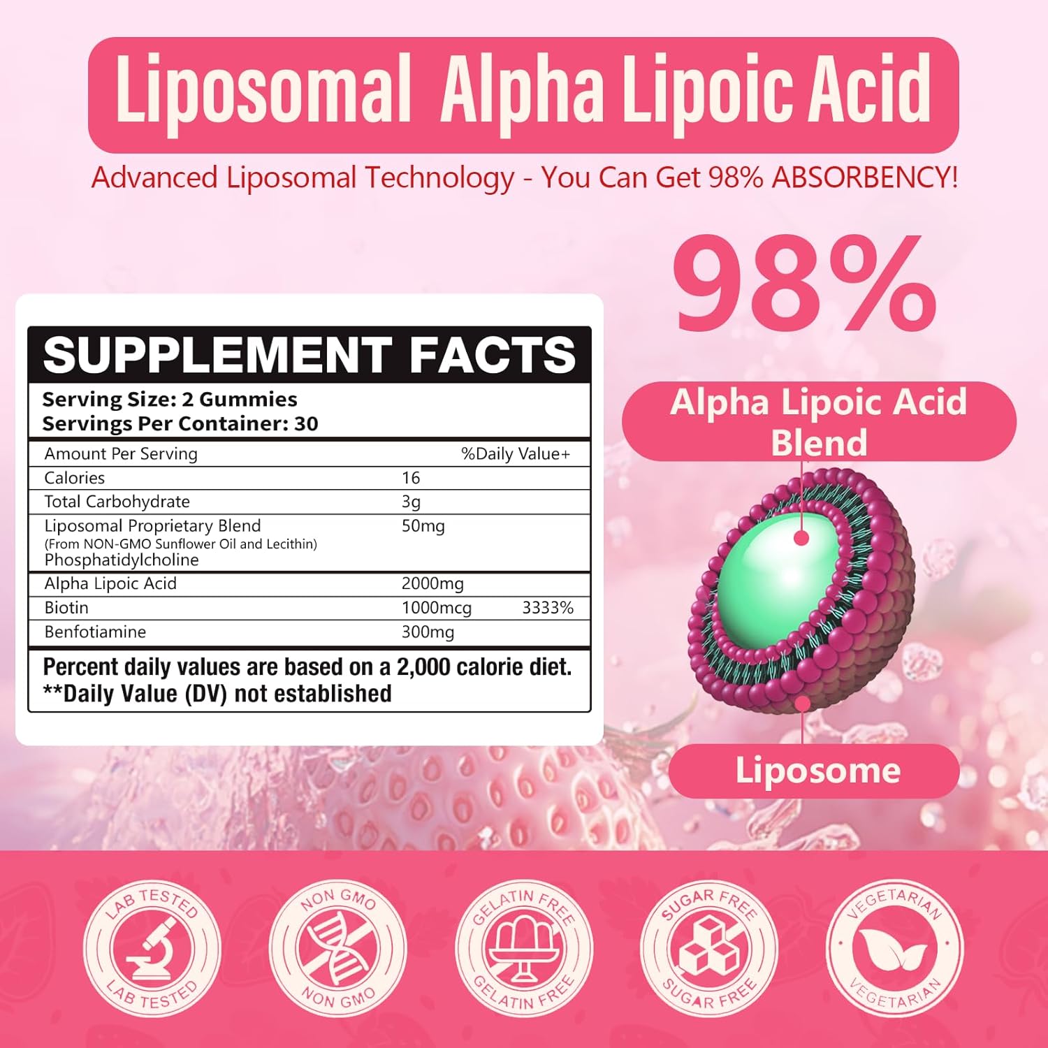 Liposomal Alpha Lipoic Acid Gummies 2000mg Gummies,High Potency ALA Complex Biotin & Benfotiamine for Antioxidant, Brain Health and Nerve* Support,Liposomal Enhance 98% Absorption