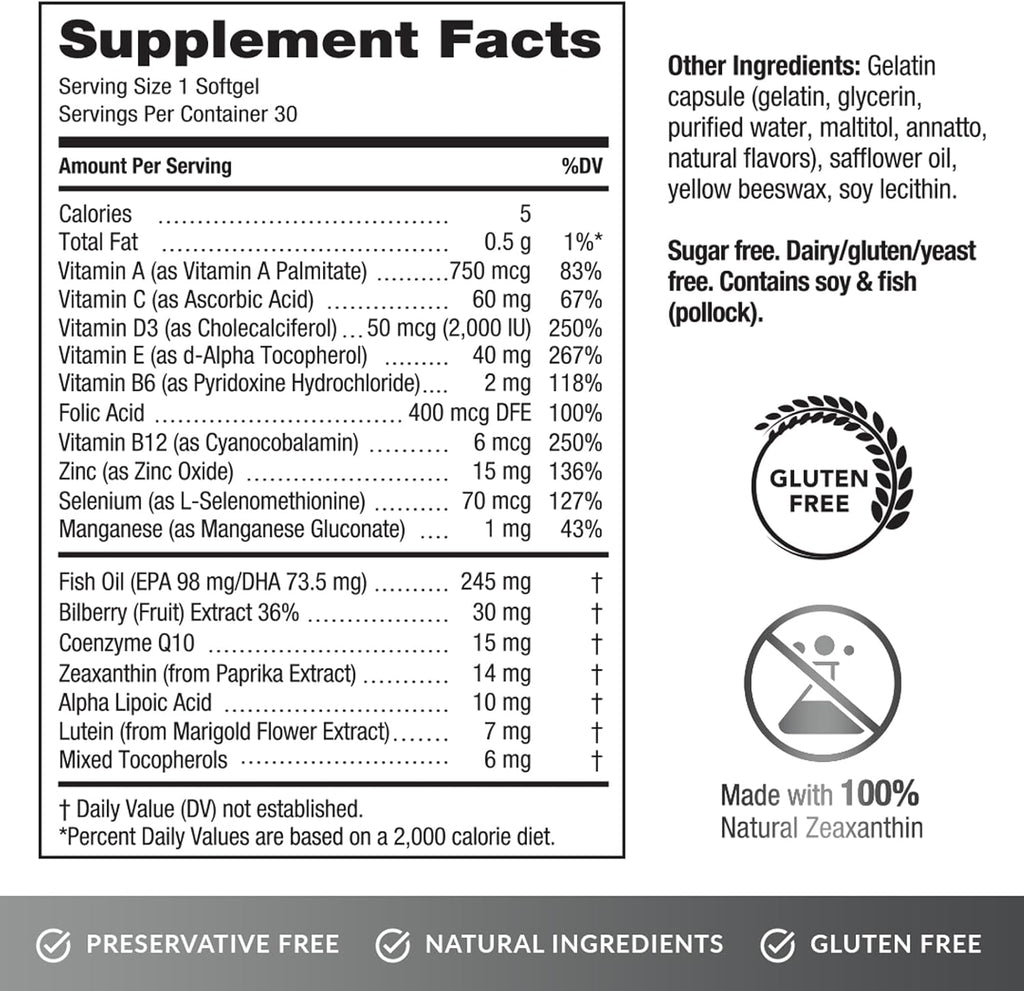 EyePromise Screen Shield All-in-One Eye Vitamin | Omega–3 Fish Oil, Bilberry, Lutein, Zeaxanthin, Vitamins A, C, B12, Zinc | 30 Count, Easy-Swallow Softgel Capsules