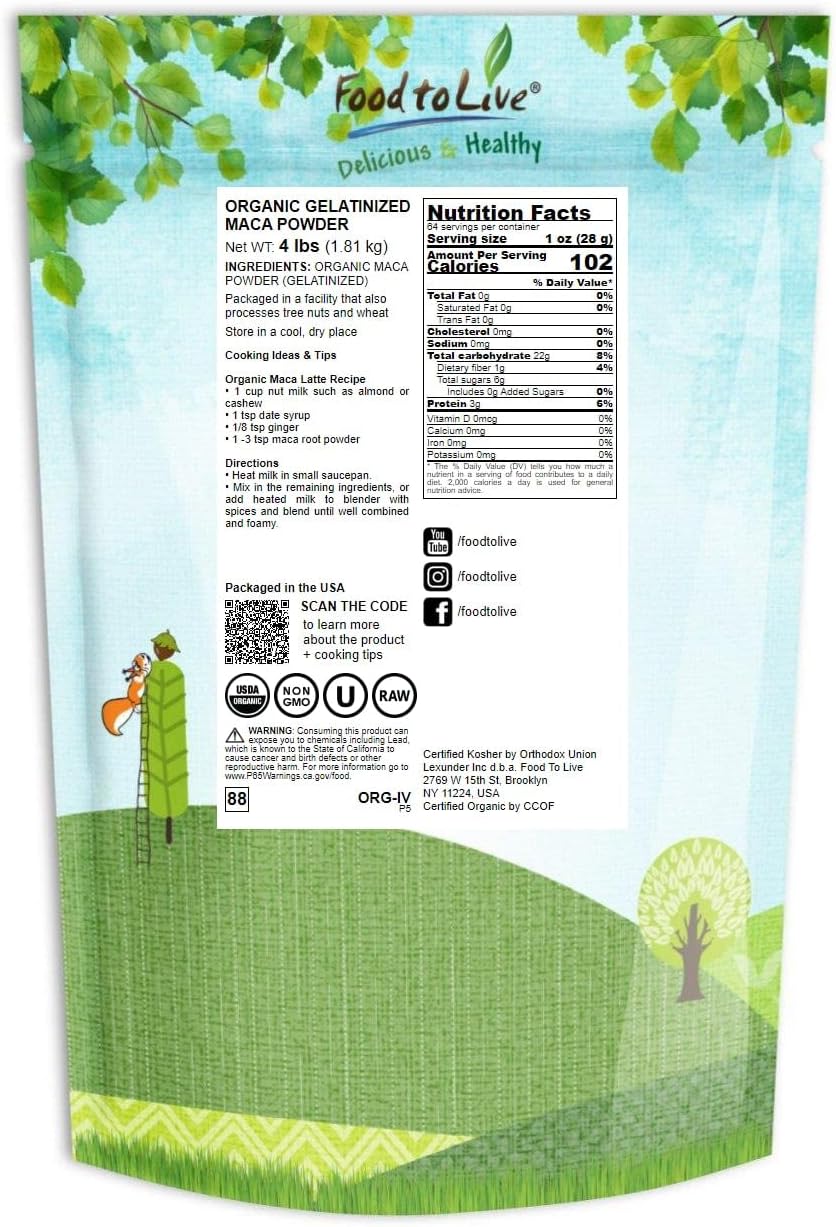 Food to Live Organic Maca Powder, 4 Pounds – Gelatinized, Non-GMO, Kosher, Vegan, Bulk