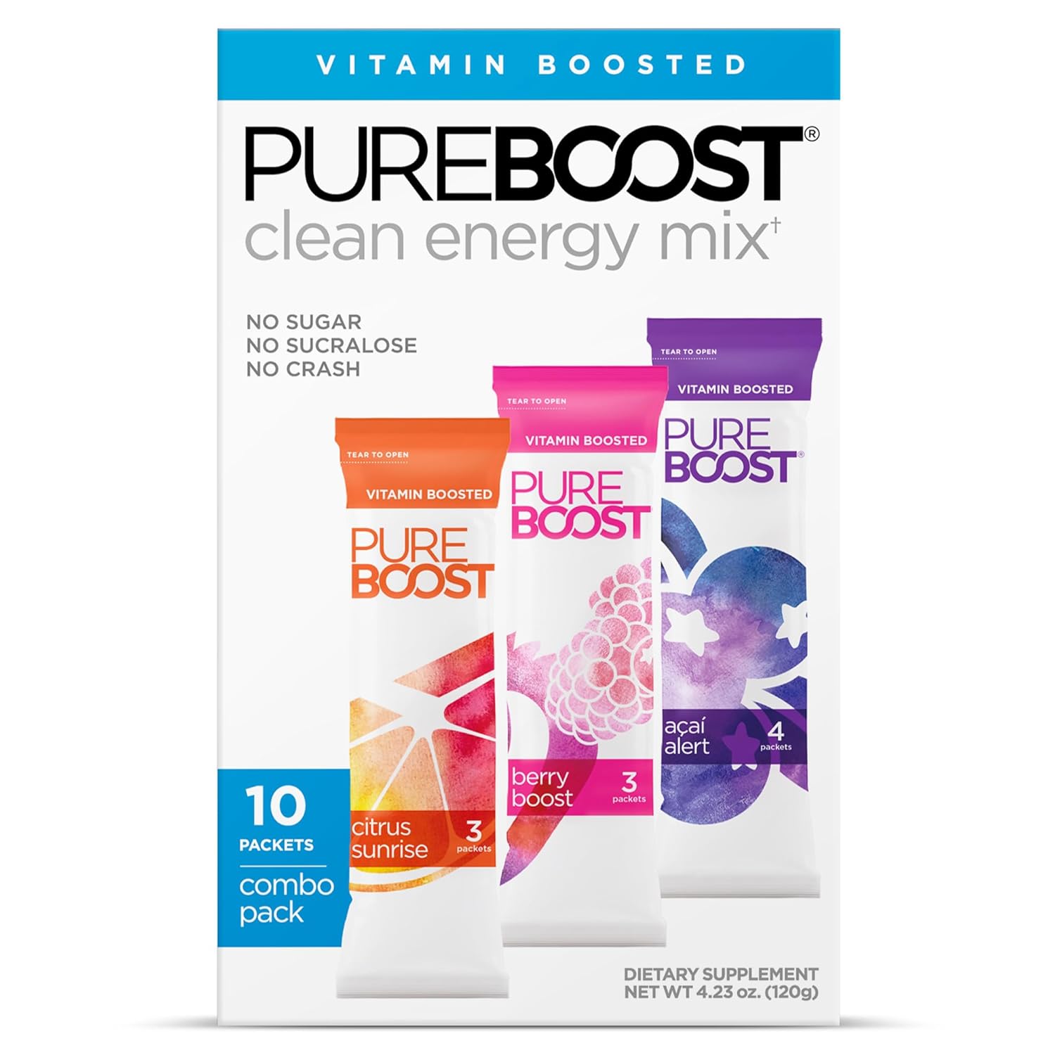 Pureboost Clean Energy Booster, Refreshing Energy Drink Mix with B12 Vitamins, Electrolytes, Antioxidants, Sugar-Free with No Sucralose (Combo Pack, 10 Count)