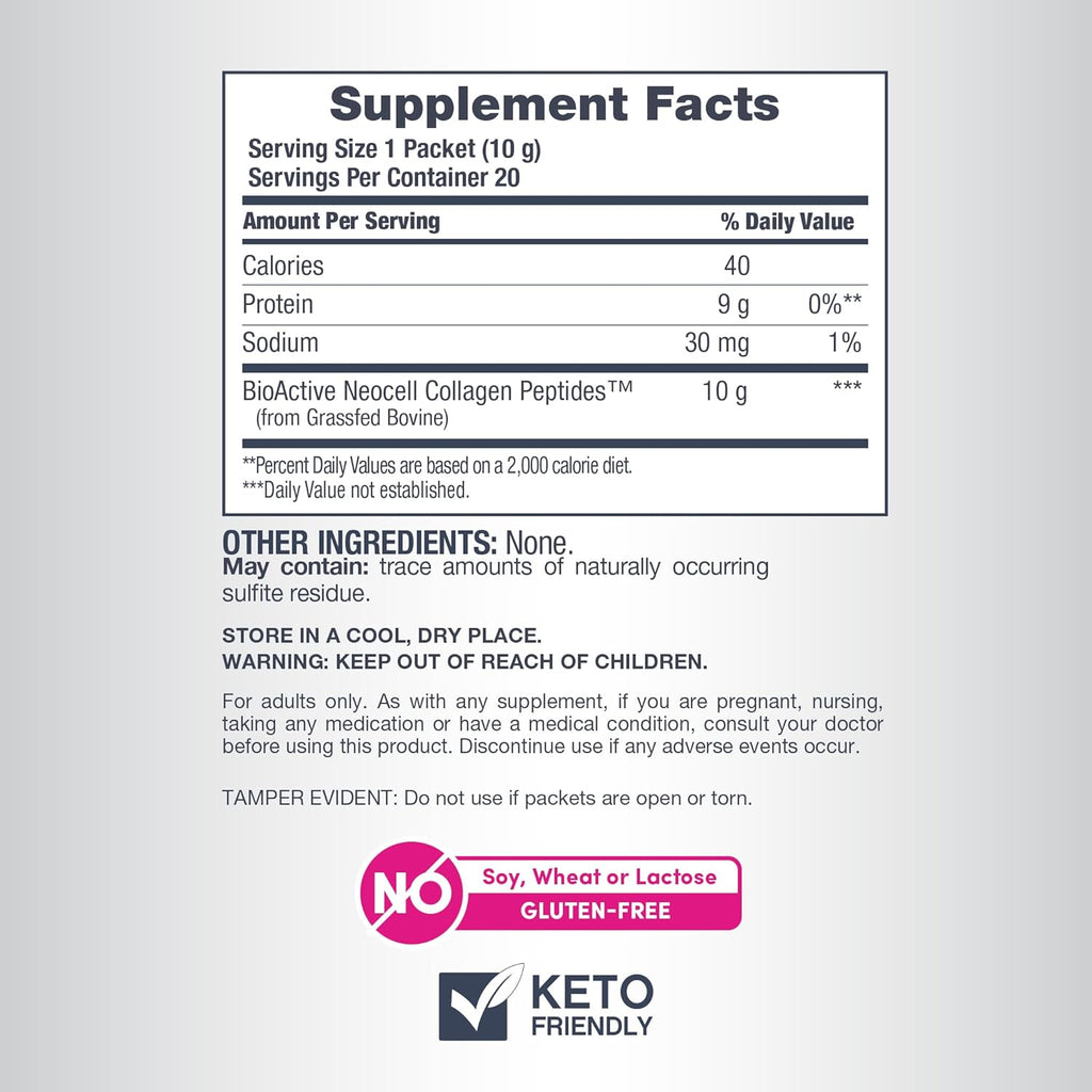 NeoCell Super Collagen Peptides, 10 g Collagen/Single-Serve Packet; Keto Certified, Gluten Free; for Healthy Skin, Hair, Nails and Joint Support;* Unflavored Powder, 20 Servs, 7 Oz.