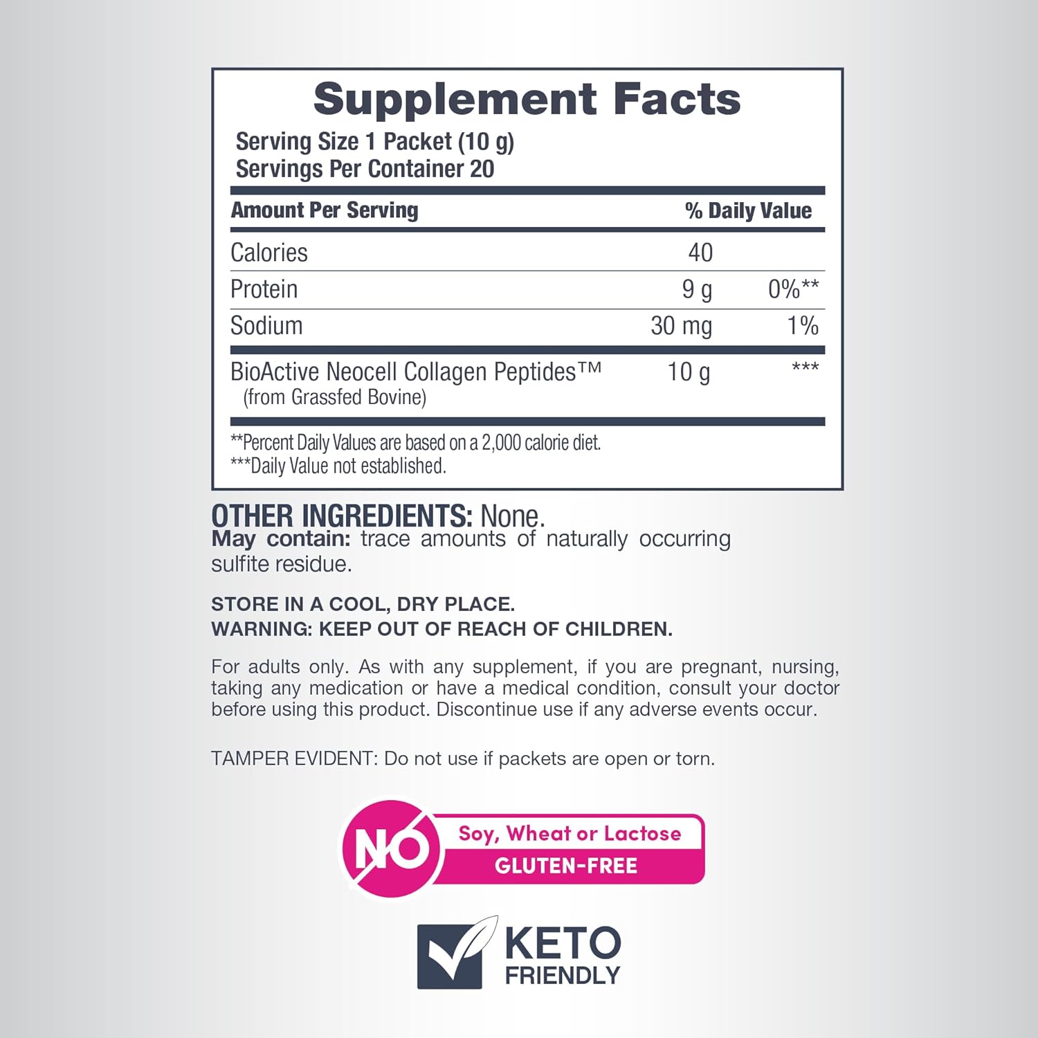 NeoCell Super Collagen Peptides, 10 g Collagen/Single-Serve Packet; Keto Certified, Gluten Free; for Healthy Skin, Hair, Nails and Joint Support;* Unflavored Powder, 20 Servs, 7 Oz.