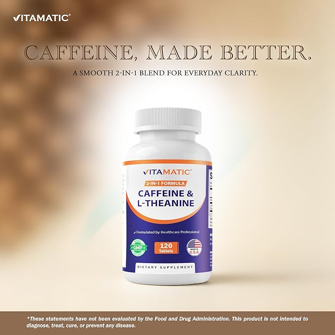 Vitamatic Caffeine Pills with L-Theanine – 300 mg Per Tablet – 120 Vegetarian Tablets (Pack of 2, Total 240 Tablets)