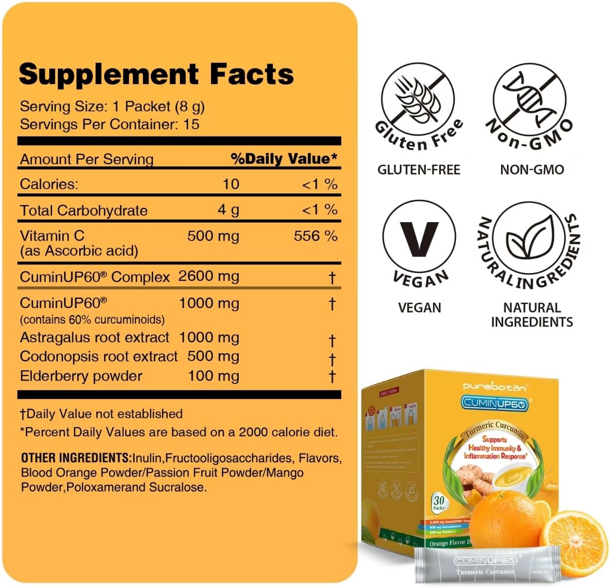 Turmeric Curcumin Drink Powder, Turmeric Immunity Shots with Vitamin C, Orange Flavor Instant Drink Mix Packets, High Absorption Curcumin Complex CuminUP60, Immune & Joint Support Supplement