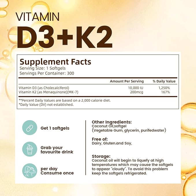 Vitamin D3 10000 iu Plus K2 (MK-7) 200 mcg, 300 Coconut Oil Softgels| 2 in 1 VIT D & K Complex | Supports Calcium Absorption, Bone, Immune, & Heart Health – Easy to Swallow (600 Softgels /2 Bag)