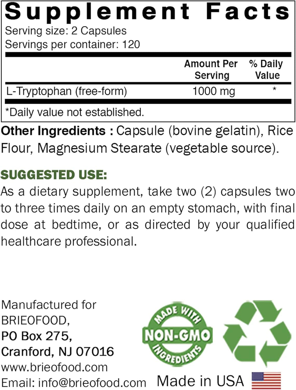 Brieofood L-Tryptophan 1000mg per Serving - 240 Capsules - Supports Poisitive Mood & Relaxation