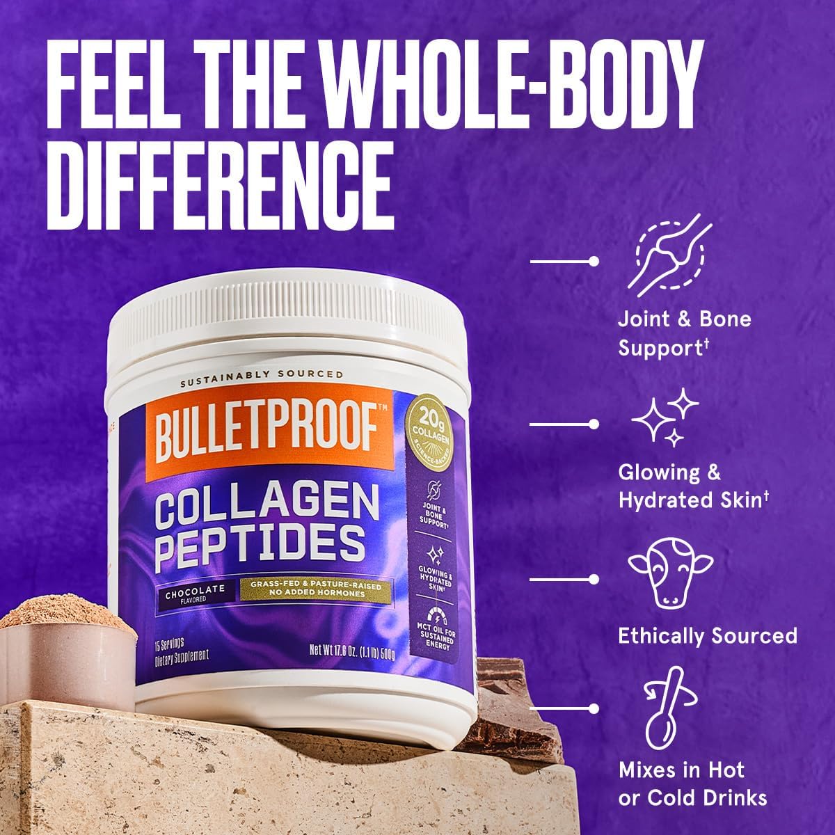 Bulletproof Chocolate Collagen Protein Powder with MCT Oil, 19g Protein, 17.6 Oz, Collagen Peptides and Amino Acids for Healthy Skin, Bones and Joints