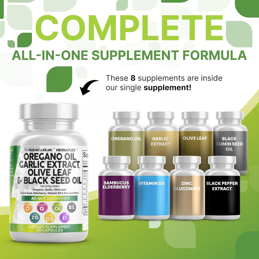 Clean Nutraceuticals Oregano Oil Garlic Extract Olive Leaf Black Seed Oil - Immune Support & Digestive Health Supplement for Women and Men with Vitamin D3 & Zinc - 2Pack