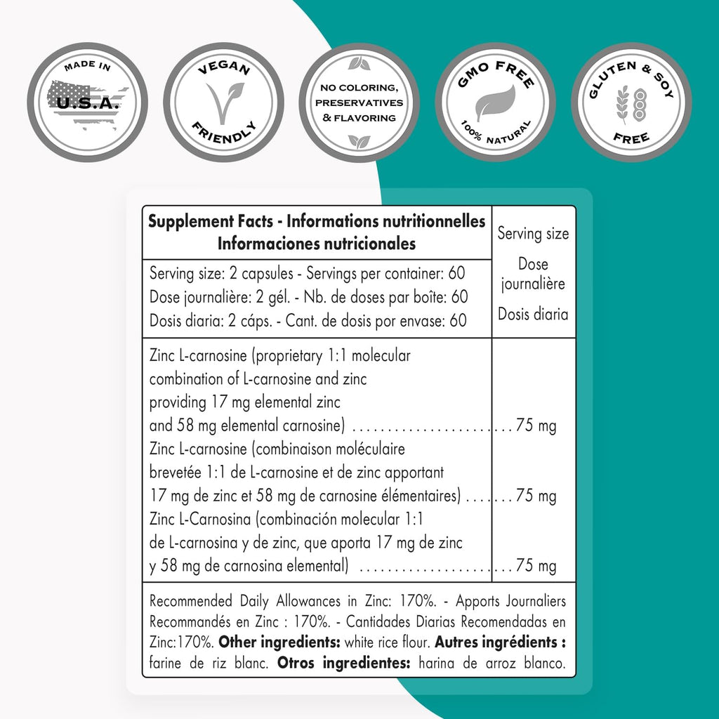 SuperSmart Zinc L-Carnosine 75mg per Day (Well-Tolerated) - Zinc Carnosine Supplement | Non-GMO & Gluten Free - 120 Vegetarian Capsules