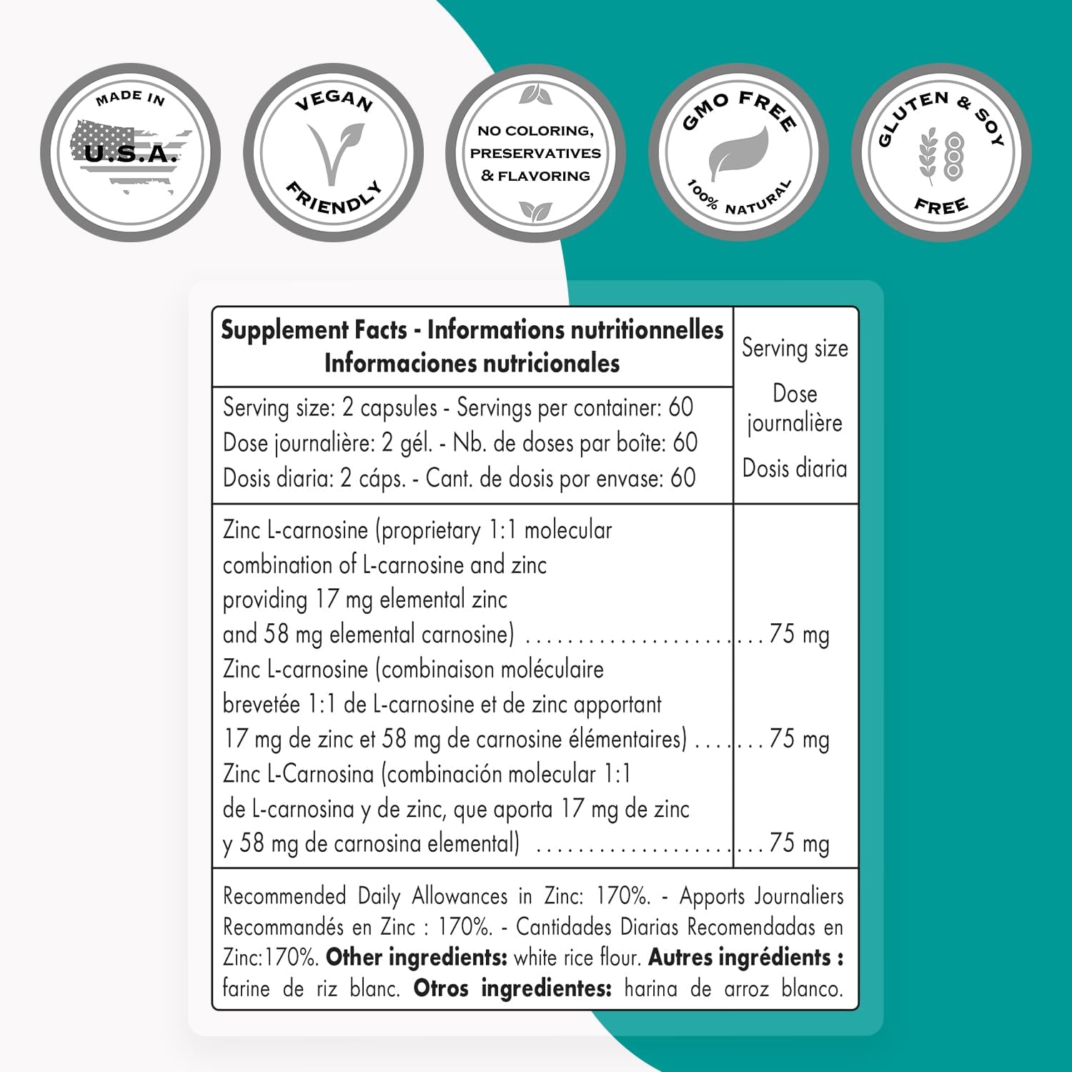 SuperSmart Zinc L-Carnosine 75mg per Day (Well-Tolerated) - Zinc Carnosine Supplement | Non-GMO & Gluten Free - 120 Vegetarian Capsules