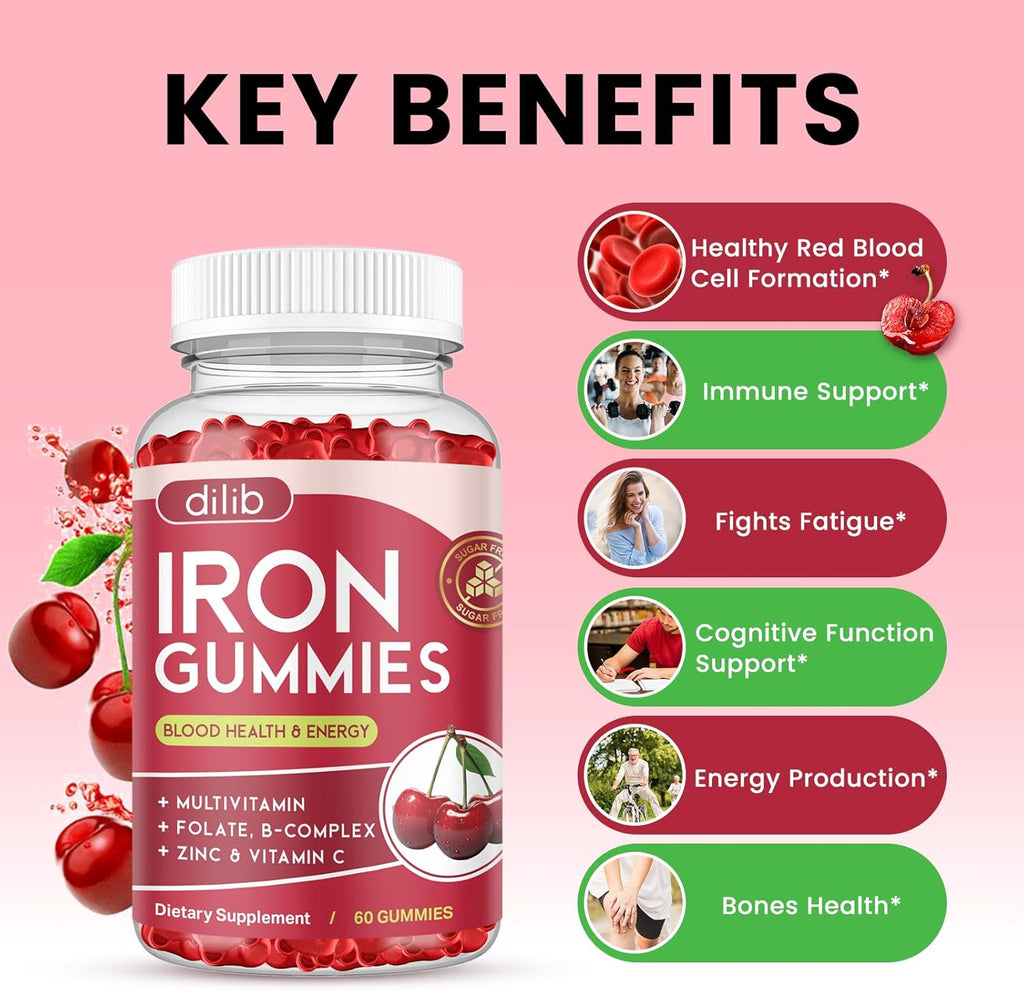 Iron Gummies with Multivitamin, Iron Supplement for Women & Men, Kids Multivitamin with Iron, Zinc, Vitamin B Complex & C, B12, Folate - Blood Builder, Energy Support, Cherry Flavor, Vegan 120 Gummies