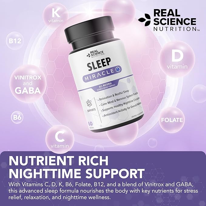 Sleep Miracle, Natural Sleep Support & Relaxation Supplement for Adults with Vitamins C, D, K, B6, B12 & Nitric Oxide Formula, Deep Rest, Stress Relief & Circulation Aid