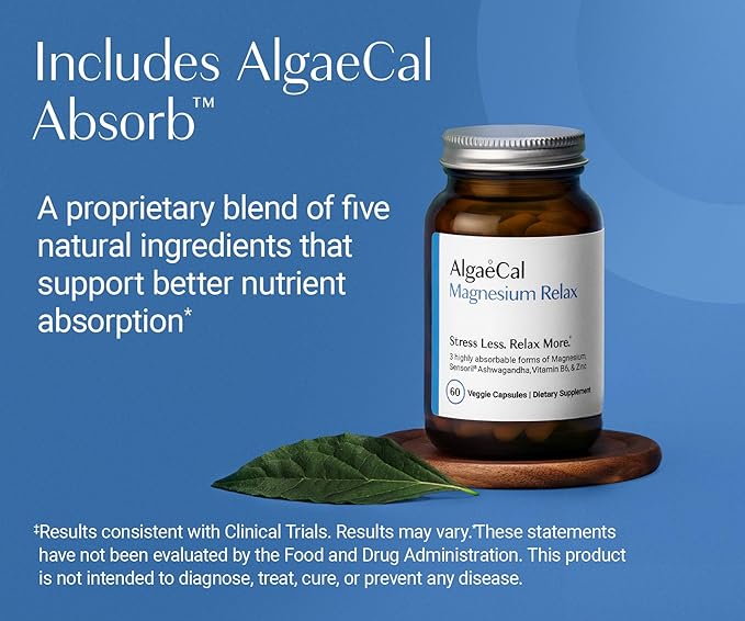 AlgaeCal Magnesium Relax™ - Chelated Magnesium with Ashwagandha for Sleep & Stress - Glycinate, Malate, Citrate - Sleep, Mood, & Cortisol Support (4 Months Supply)