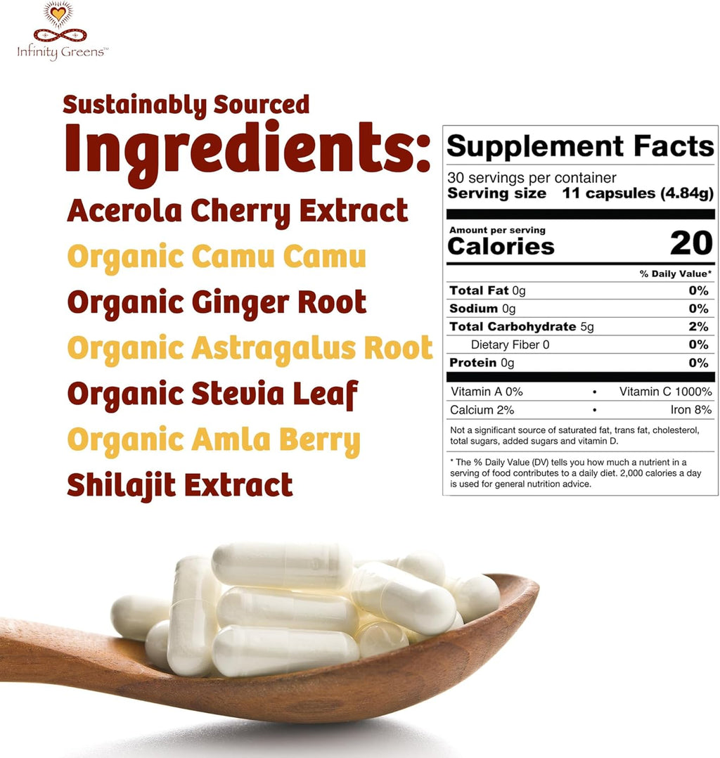 Infinity-C Organic Vitamin C Capsules, Bioavailable VIT C from Acerola, Camu Camu & Amla, Whole Food Vitamin C 1000mg, Immune Support Superfoods, Shilajit, Astragalus Root & Ginger (30 Servings)