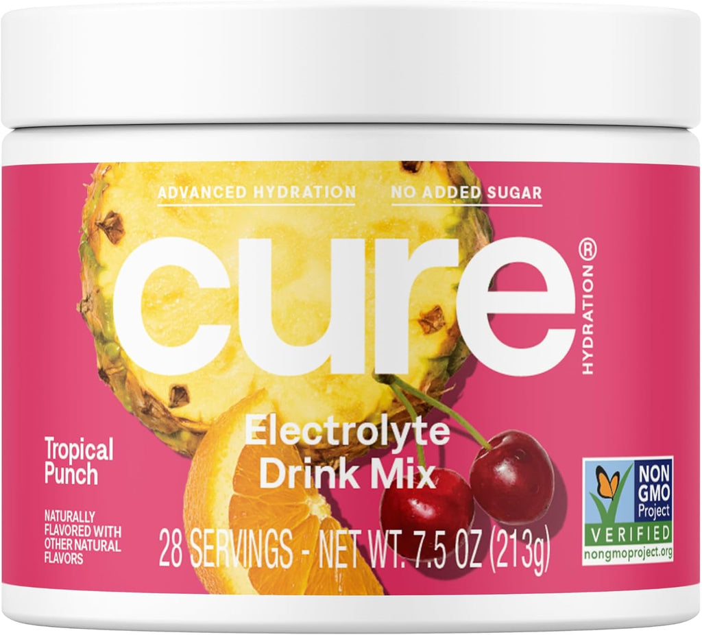 Cure Hydration | Plant-Based Electrolyte Drink Mix | No Added Sugar | Dehydration Relief Powder Made with Coconut Water | Non-GMO | Vegan | 28 Servings Jar - Tropical Punch