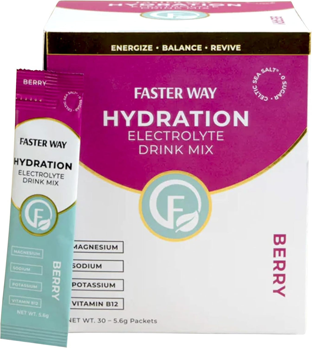 Faster Way - Hydration - Electrolyte Drink Mix - with Apple Cider Vinegar, Choline, Probiotics & Natural B Vitamins - Energize & Revive - Powder Packets - Zero Sugars - Gluten Free - Berry - 30 Pack