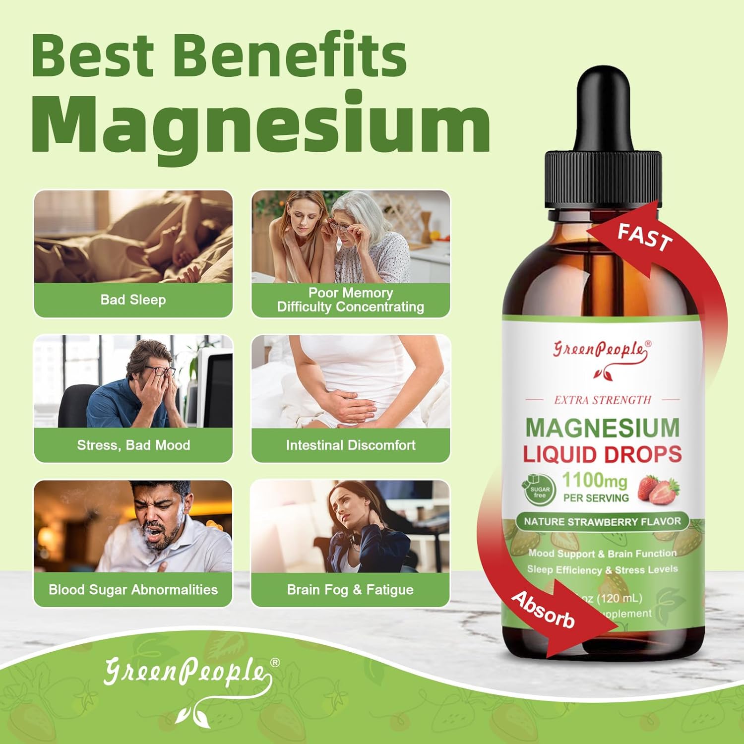 GREENPEOPLE Magnesium Glycinate Liquid Drop - 17-in-1 Triple Absorption Magnesium Supplement with Magnesium Glycinate 400mg & Citrate 500mg for Muscle & Sleep,4 fl. oz Strawberry Flavor-2 Pack