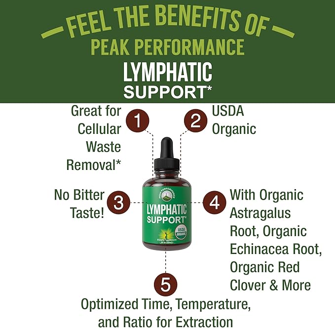 USDA Organic Lymphatic Drainage Drops. Sugar Free, Tasty 6-in-1 Lymph System Support for Detox, Cleanse. Vegan Supplement with Astragalus, Echinacea, Red Clover, Cleavers Herb, Licorice & Burdock Root
