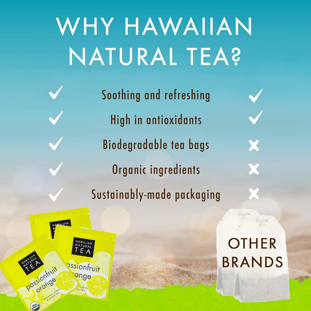 Hawaiian Natural Tea Passion Fruit Orange Flavored Organic Tea - Tropical Fruit Green Tea Blend with Black Tea - Perfect Daily Cup & Gift for Tea Lovers - 60 Tea Bags