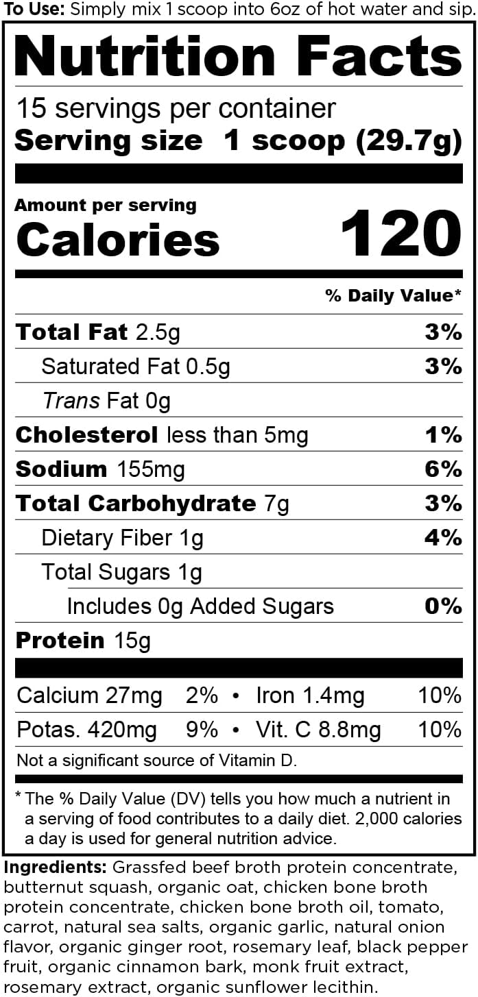Ancient Nutrition Bone Broth Protein Powder, Butternut Squash, Grass-Fed Chicken and Beef Bone Broth Powder, 15g Protein Per Serving, Supports a Healthy Gut, 15 Servings