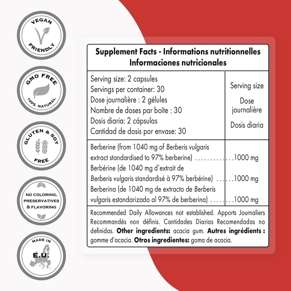SuperSmart - Berberine HCl Supplement 1000mg per Day (Min. 97% Purity) - Potent Berberis Vulgaris Extract from Barberry | Non-GMO & Gluten Free - 60 Vegetarian Capsules