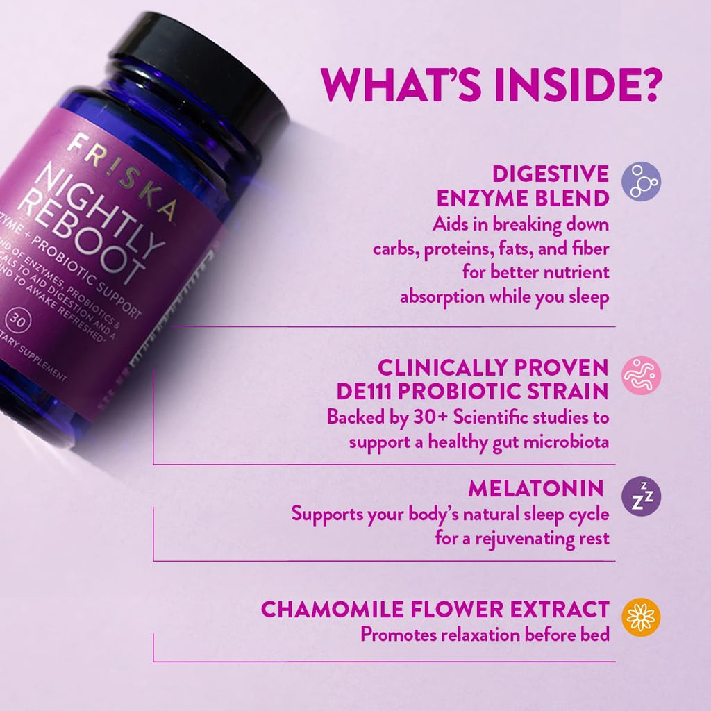 FRISKA Nightly Reboot Enzyme and Probiotics Supplement, Promotes Better Digestion and Sleep, Supports Gut Health for Men and Women, Melatonin, Chamomile, 30 Capsules