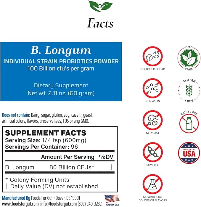 Bifidobacterium Longum Probiotic Powder 100 Billion cfu's | Made in USA | No Additives | Direct from Manufacturer | No Third-Party Storage | Immune Support | B. Longum | 60 Grams (2.11 Oz)