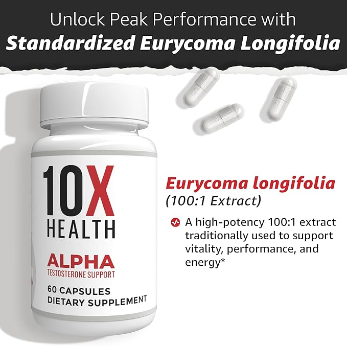10X Health Alpha Testosterone Supplement for Men - 60 Capsules Mens Testosterone Supplement with Tongkat Ali 1000mg - Strength, Vitality & Muscle Growth Supplements for Men