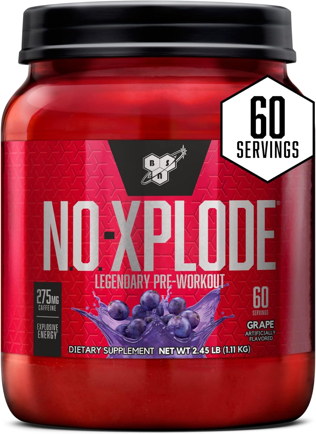 BSN N.O.-XPLODE Pre Workout Powder, Energy Supplement for Men and Women with Creatine and Beta-Alanine, Flavor: Grape, 60 Servings