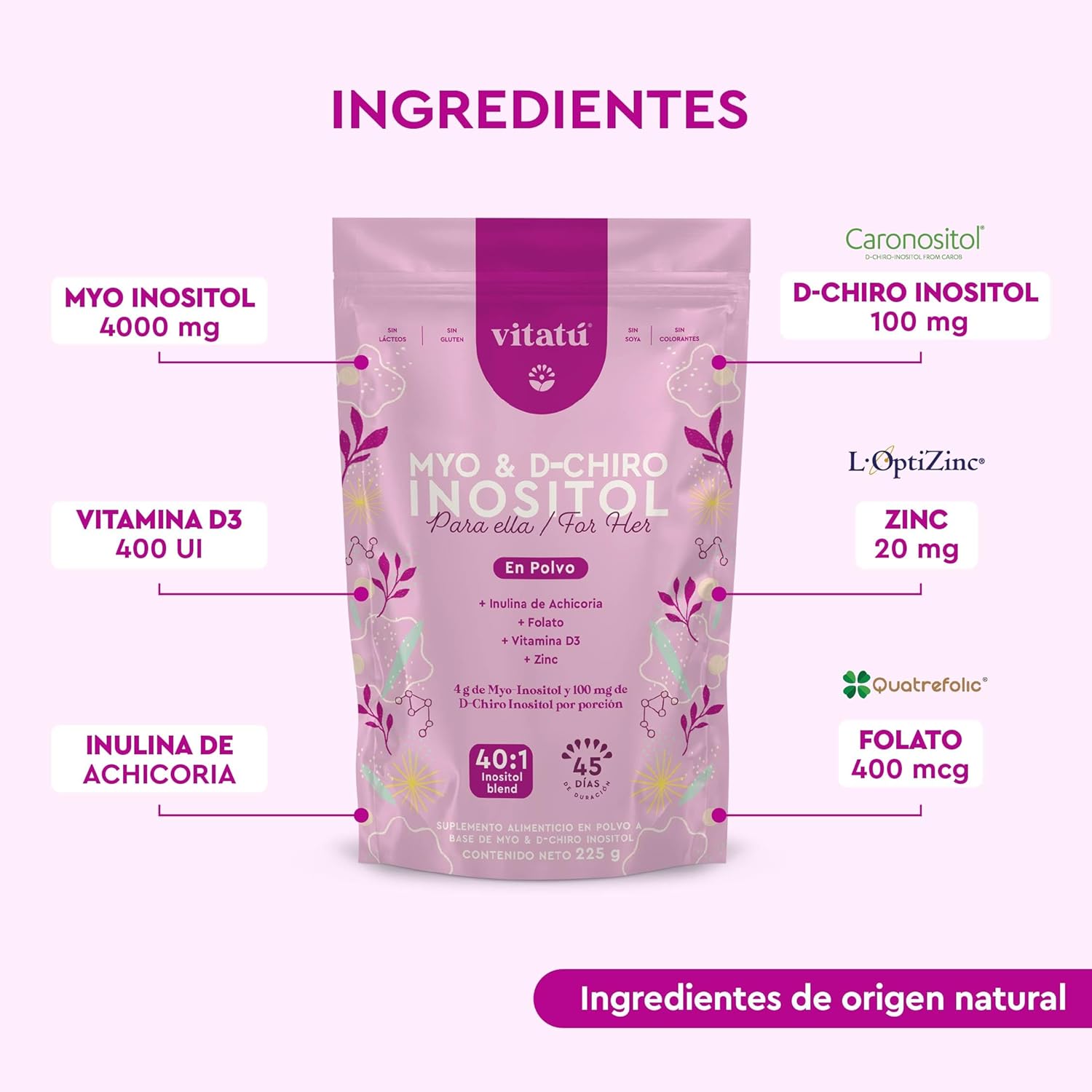 | Myo Inositol (4g) & D-Chiro Inositol (1g) Ideal Mix 40:1 | Duration 45 Days | with Folic Acid + Vitamin D3 + Zinc, Powdered Dietary Supplement for Women (225 g)