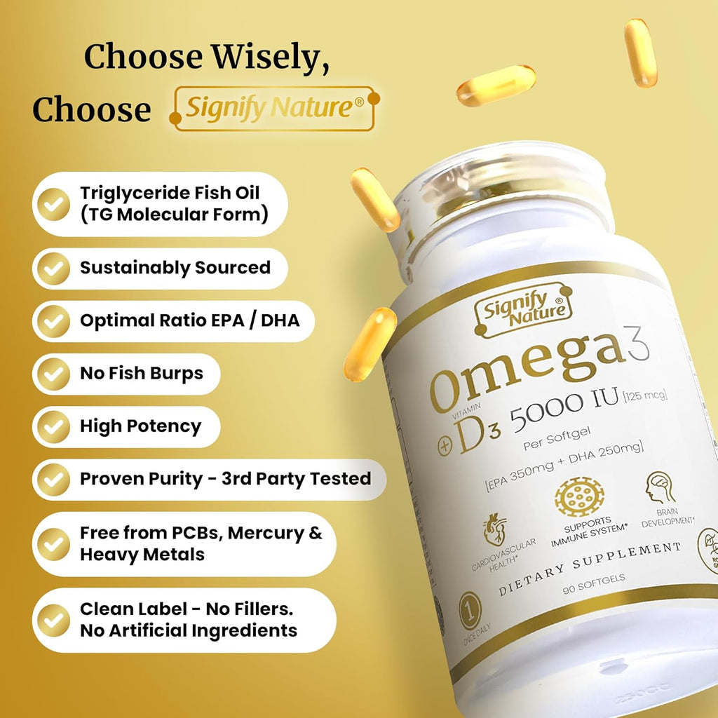 SIGNIFY NATURE Omega 3 Fish Oil Supplement with Vitamin D3 5000 IU - 1000mg Triglyceride Capsules for Brain Health - Omega3 EPA DHA + VIT D 3-90CT