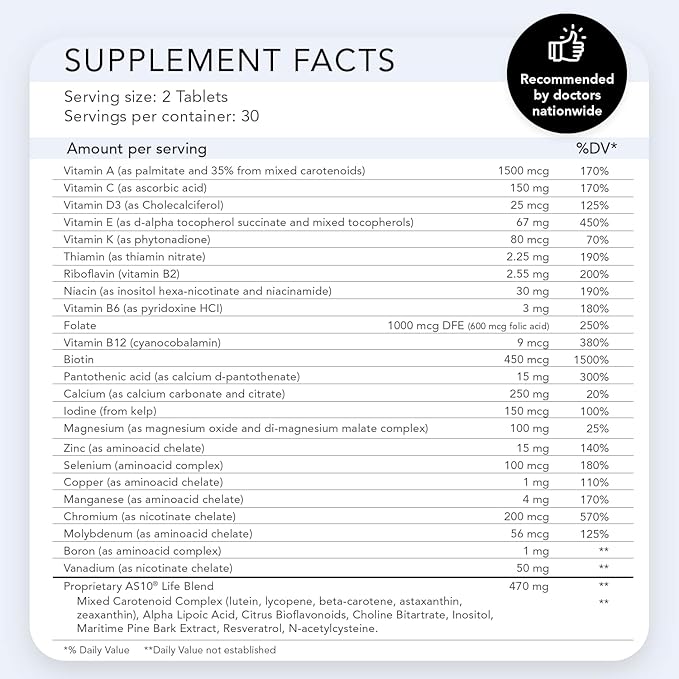 AS 10® Life – Stress, Immune Support and Anti Aging Supplement - Multivitamin and Antioxidants Tablet, Resveratrol, Alpha Lipoic Acid, Lutein and Zeaxanthin, Co-Developed by NASA, 60 ct