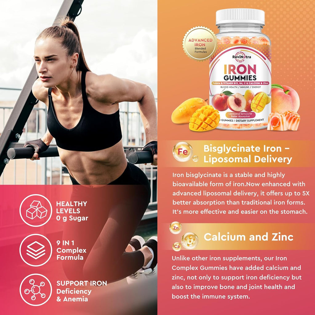 Iron Supplement Gummies for Adults & Kids - with Calcium, Zinc, Folate & Multivitamin - Blood Builder & Energy Support & Immune Health for Iron Deficiency, Anemia, Vegan -Peach & Mango Flavor 60 Count