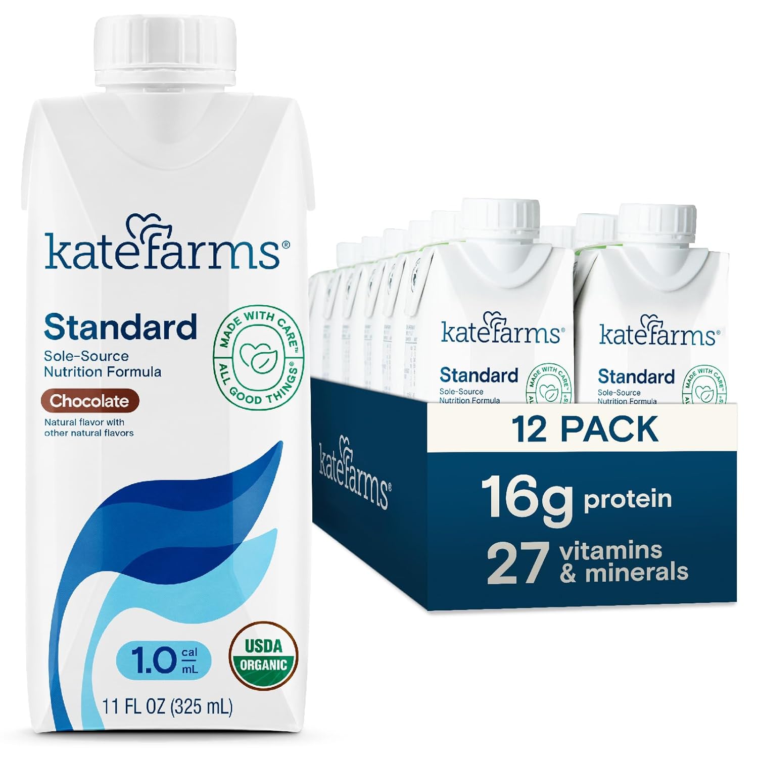 KATE FARMS Organic 1.0 Sole-Source Nutrition Shake, Chocolate, 16g Protein, 27 Vitamins and Minerals, Meal Replacement, Protein Shake, 11 oz (12 Pack)