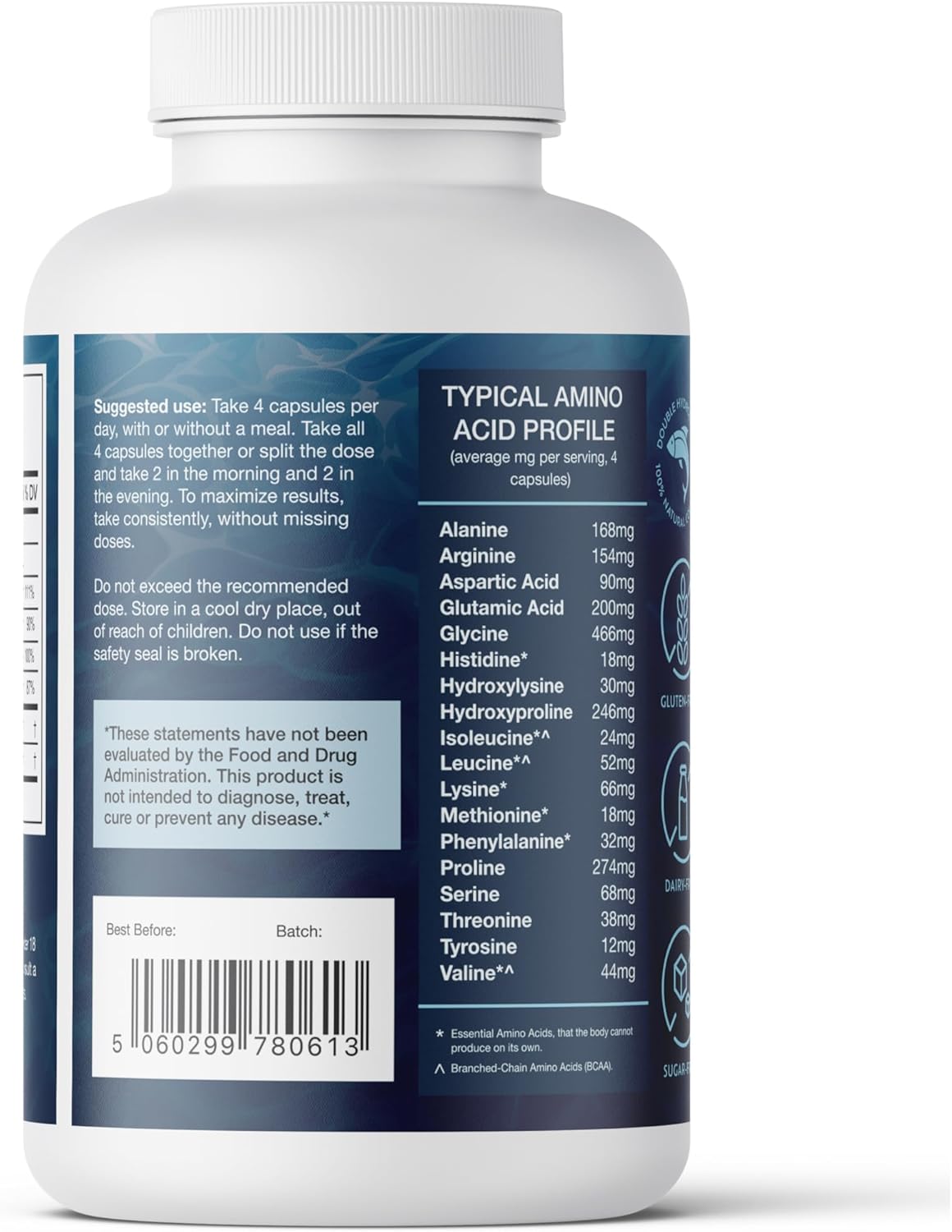 CORREXIKO Marine Collagen Supplement Pills - 1800mg Hydrolyzed Collagen Peptides per Serving with Added Hyaluronic Acid, Vitamin C & Minerals - for Hair, Skin & Nails - 120 Capsules 30 Day Supply
