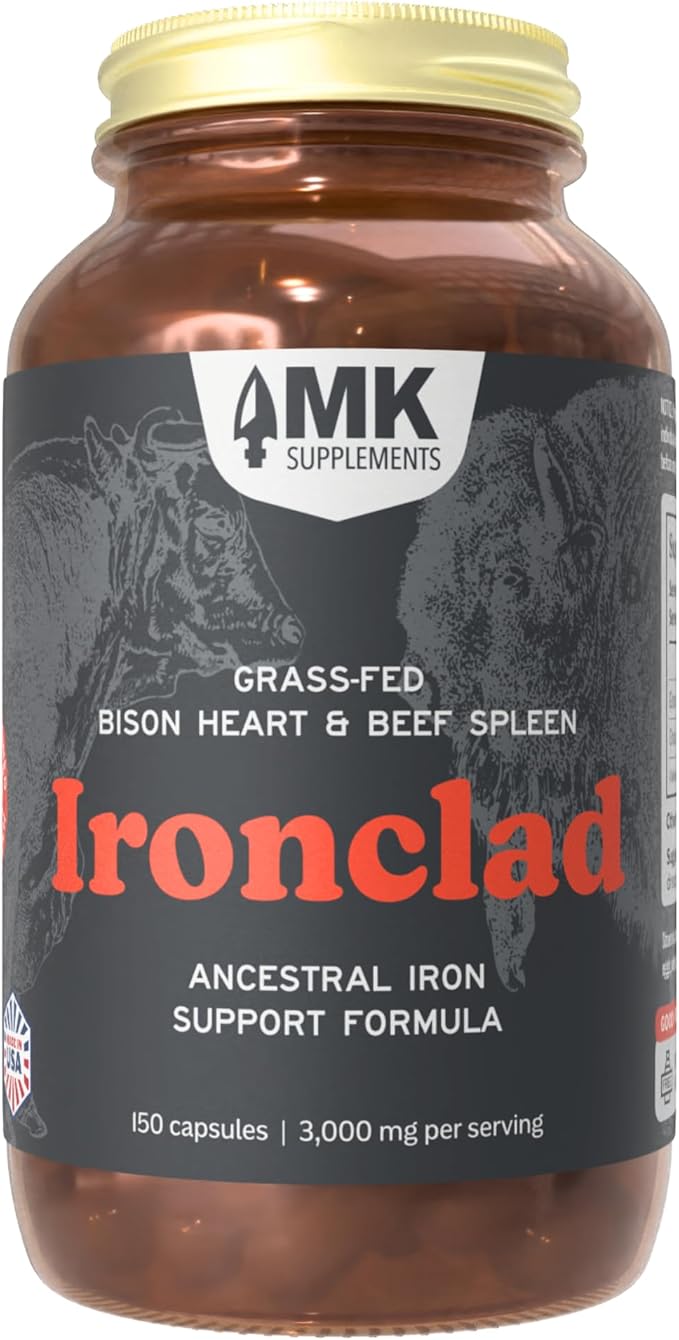 MK Supplements IRONCLAD – Grass-Fed Beef Spleen & Bison Heart | Natural Heme Iron for Energy, Endurance & Recovery | Regeneratively-Raised, Freeze-Dried Ancestral Iron Support