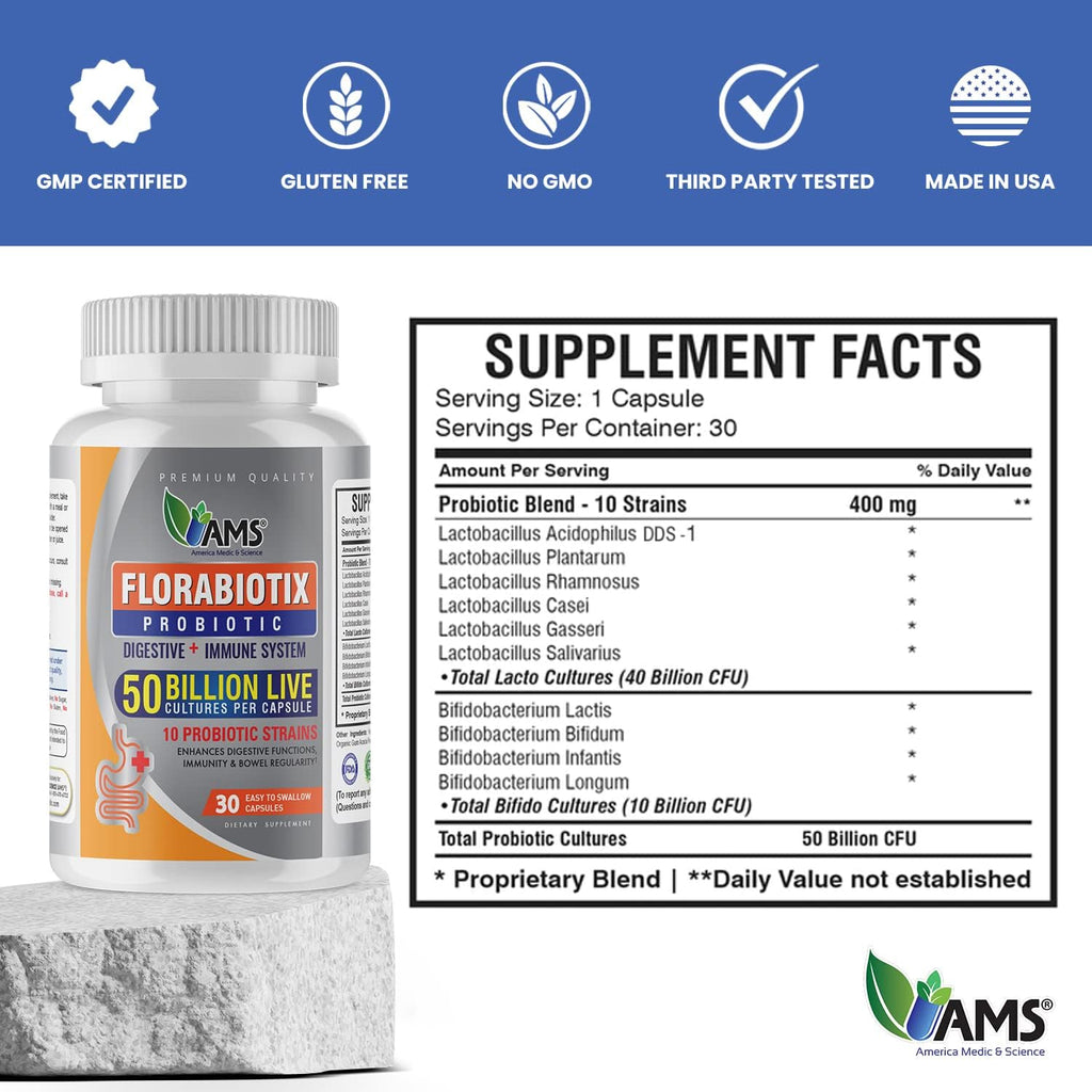 America Medic & Science Florabiotix Probiotic (30 Capsules) | Dietary Supplement for Men and Women| 50 Billion Live Cultures | 10 Probiotic Strains | Supports Digestive and Immune Health