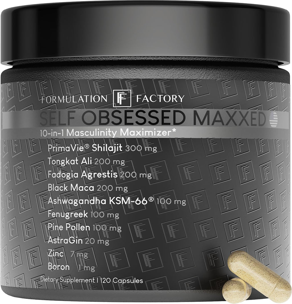 Self Obsessed MAXXED: 10-in-1 Men's Vitality Formula with Shilajit, Tongkat, Ashwagandha, Maca, Fadogia, Fenugreek, Pine Pollen, Zinc, Boron & AstraGin® - 120 Capsules – 2-Month Supply (1 Pack)
