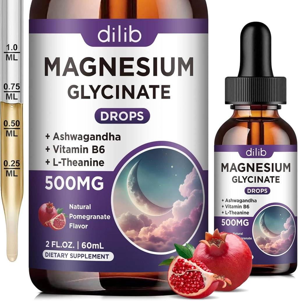 Magnesium Glycinate Liquid Drops 500mg, with Vitamin B6, Ashwagandha, L - Theanine, Chamomile, Magnesium Glycinate Supplement High Absorption for Sleep, Stress, Energy, Mood - Pomegranate Flavor
