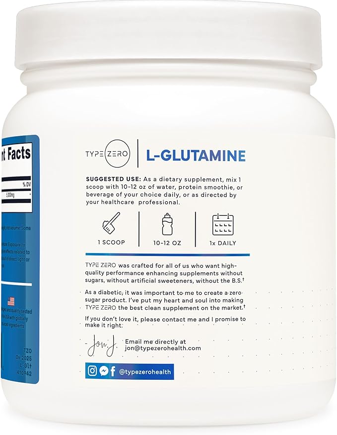 Type Zero L-Glutamine Powder (500G) 3-Month Supply Pure L-Glutamine Supplement - Vegan, Gluten Free, No Fillers