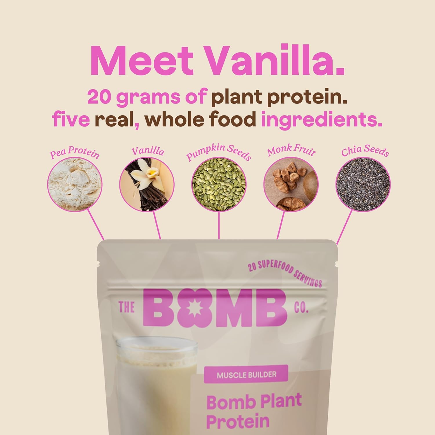 The Bomb Co. Bomb Plant Protein, Protein Powder with 20g Protein, Amino Acids, Zero Sugar, Pea Protein, Chia Seeds, Pumpkin Seeds, Vanilla & Monk Fruit, Gluten Free, Vanilla Flavor, 20 Srvgs