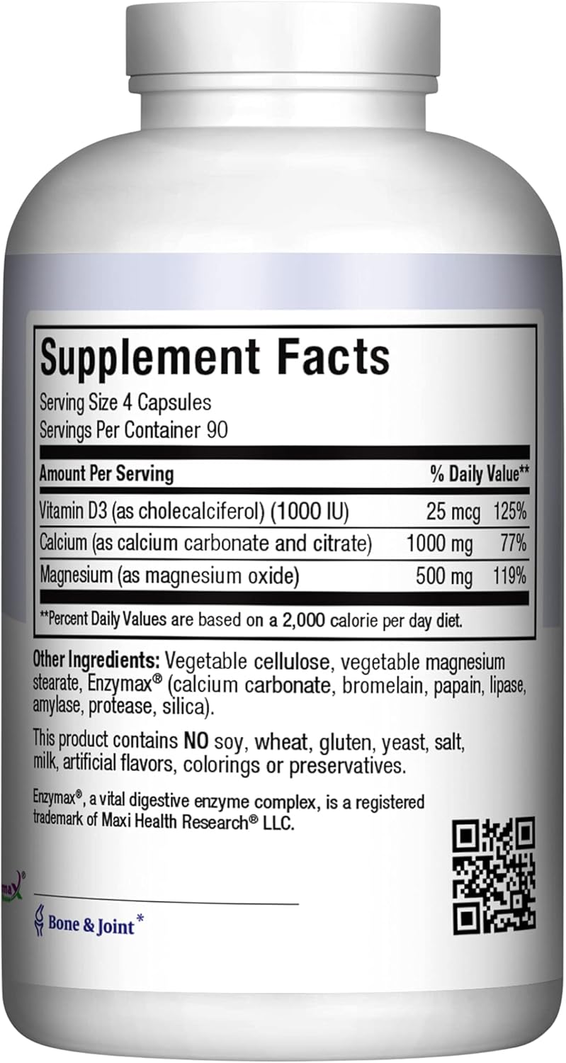 Maxi Health Calcium 1000 mg Supplement with Vitamin D3 (1000 IU) and Magnesium (500 mg) - Bone, Teeth and Joint Support for Men and Women - 360 Capsules - Maxi Cal