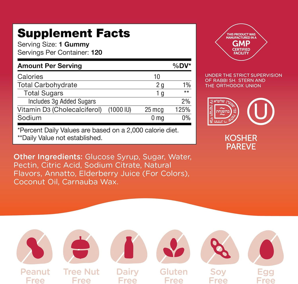 Zahler - Chapter One Vitamin D 3 1000 IU Gummies (120 Flavored Gummies) - Certified Kosher Chewable Vitamin D3 Gummies for Kids & Adults - VIT D3 Supplements - Made in USA Vitamin D Gummies
