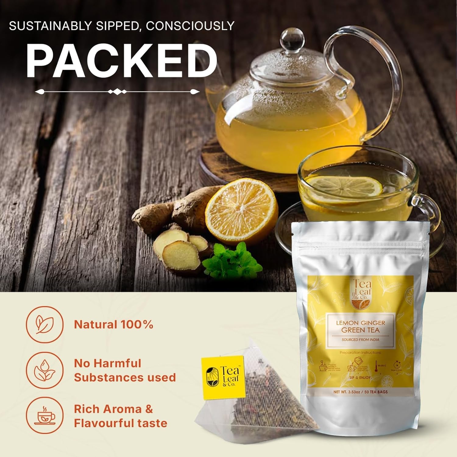 Lemon Ginger Green Tea Bags (50 Count), Green Tea with Orange Peel, Black Pepper & Mint Extract, Caffeinated, Real and Natural Green Tea, Blended with Fresh Herbs and Spices, Gluten Free